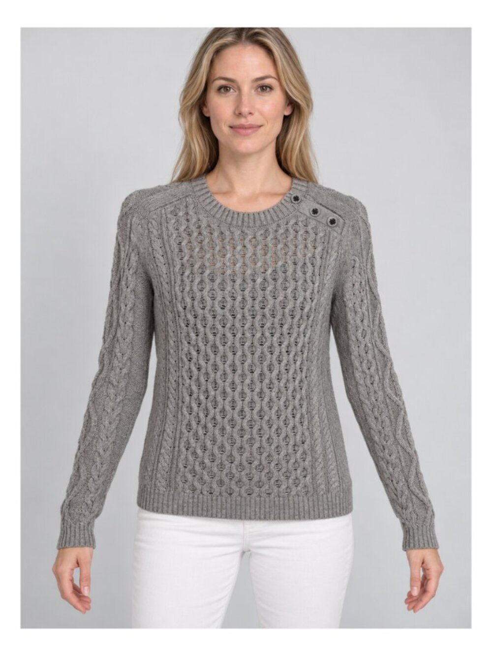 Tory Burch Gray Cable Knit Logo Button Shoulder Wool Blend Sweater XS